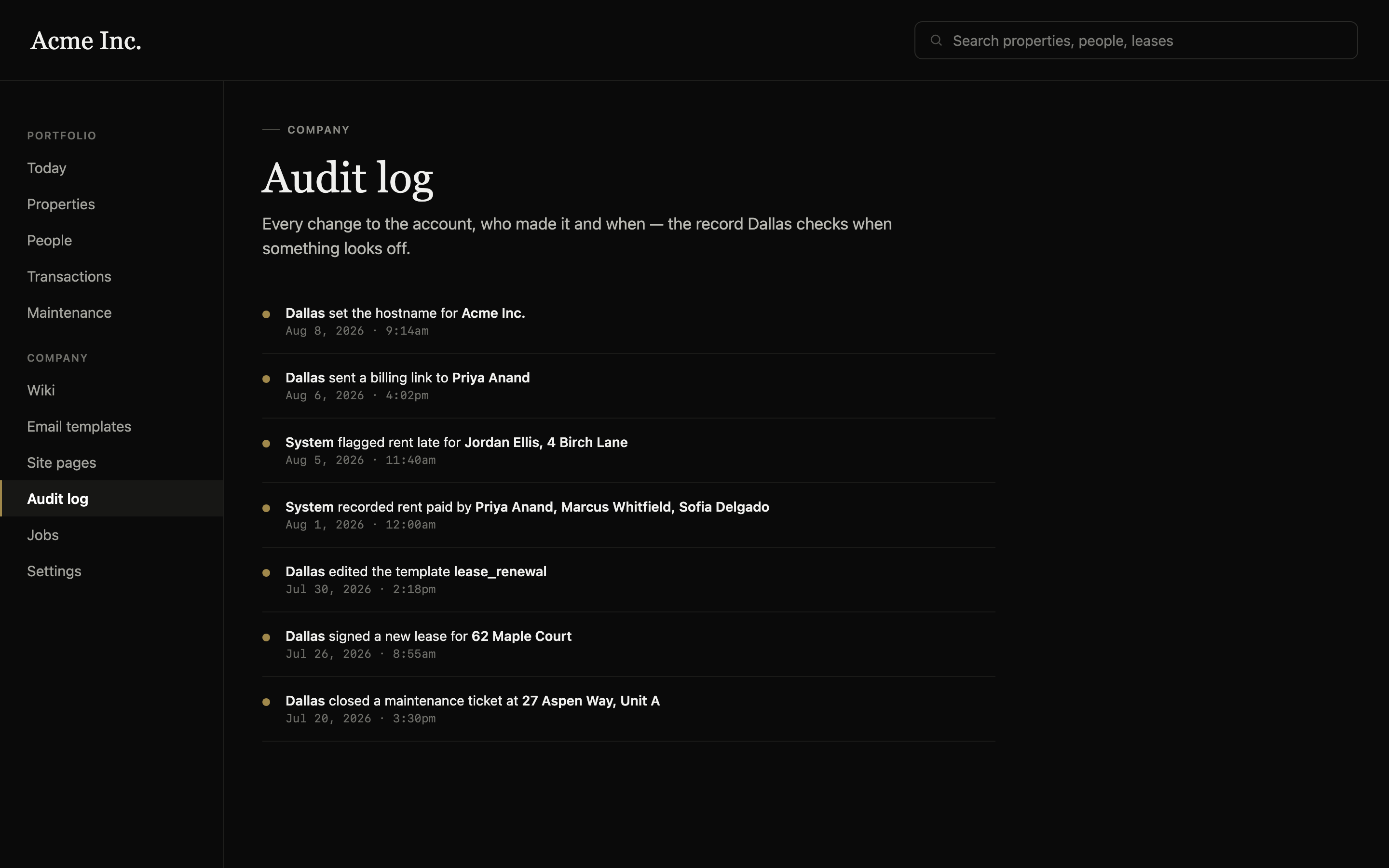 PrivateLets' audit log, a chronological feed of every change to the company and
						who made it