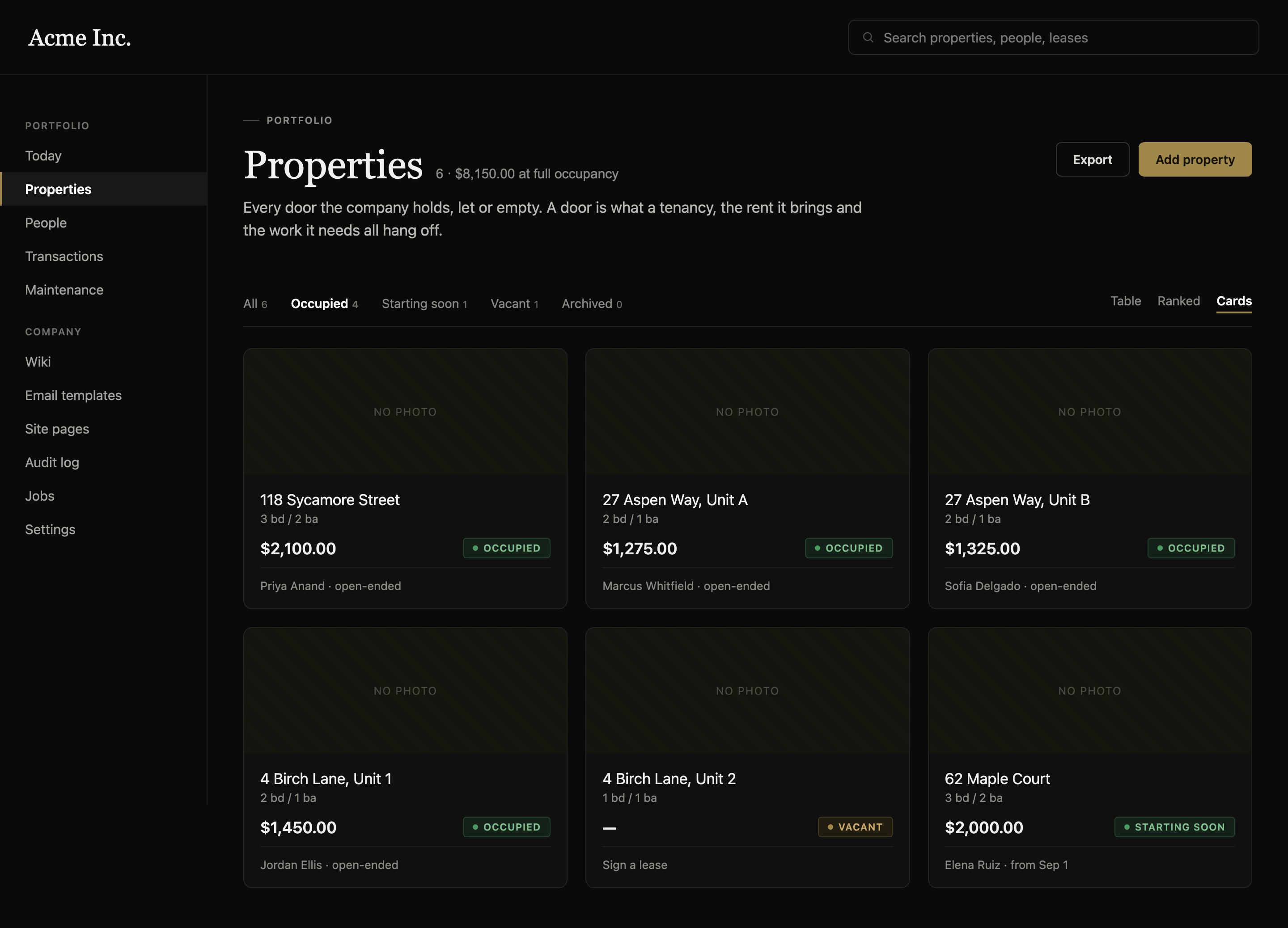 PrivateLets' properties dashboard in card view, one card per rental unit with a
						photo placeholder, address, rent and occupancy status