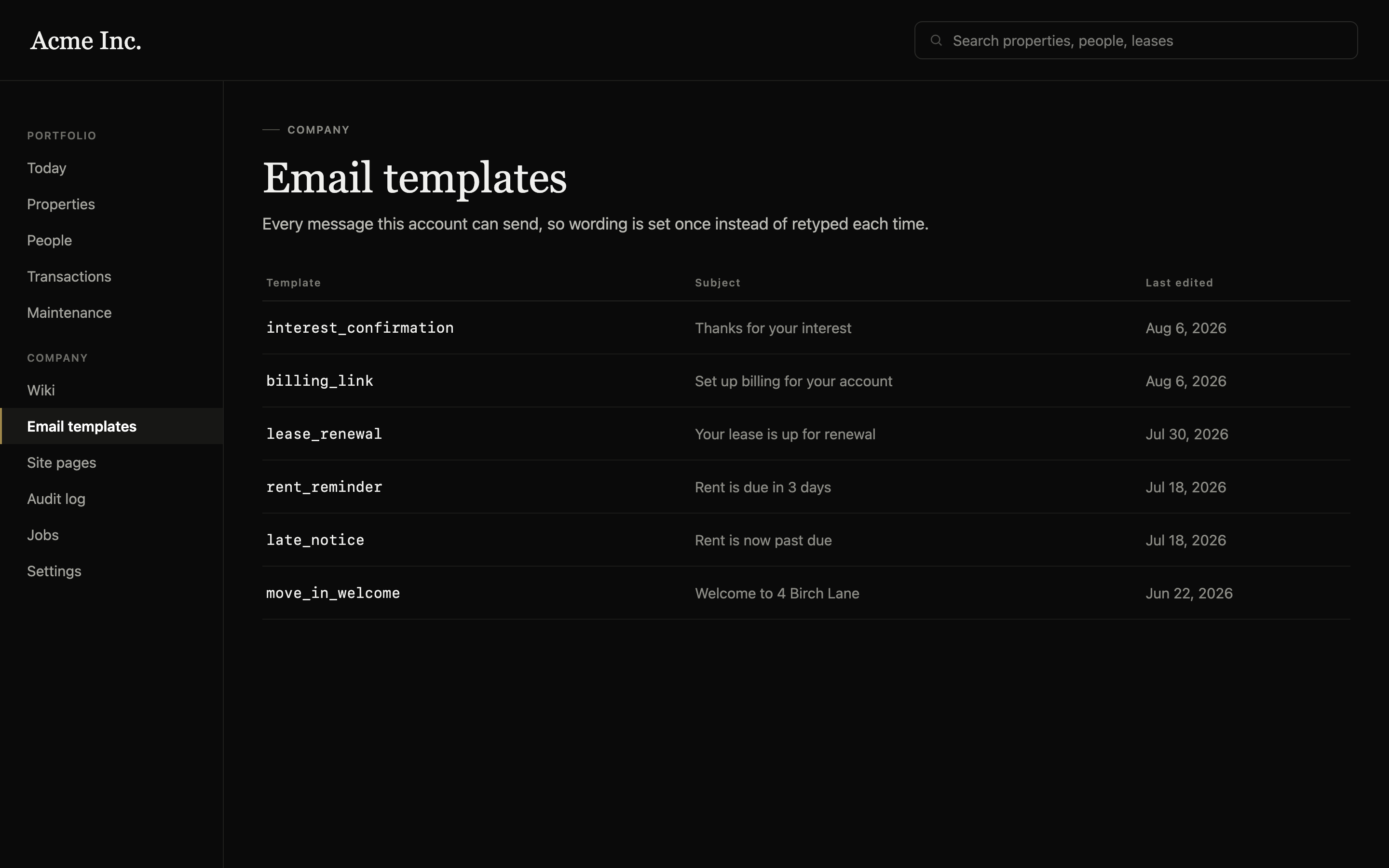 PrivateLets' email templates list, showing each template's name, subject line
						and when it was last edited