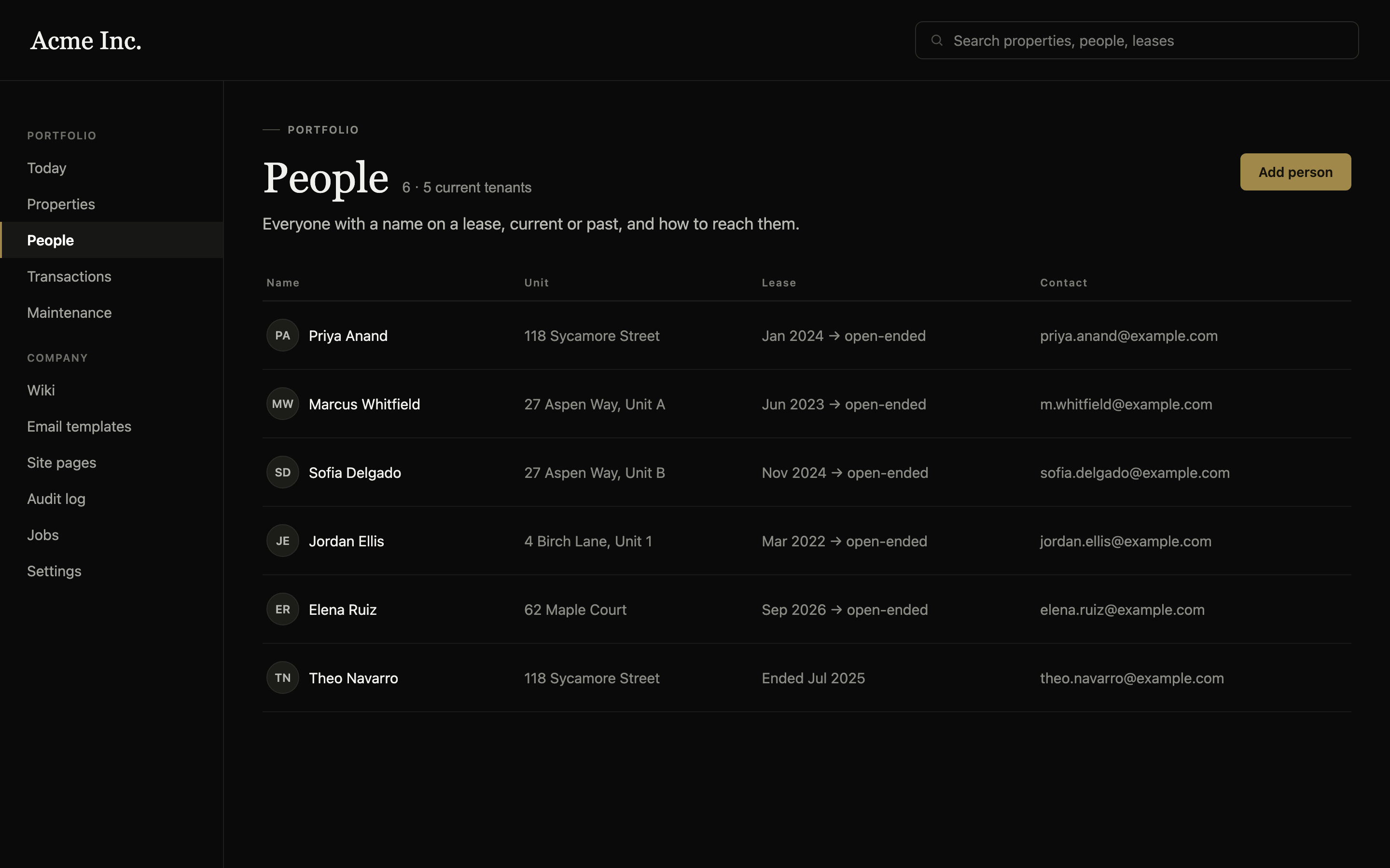 PrivateLets' people list, showing every tenant with their unit, lease dates and
						contact details