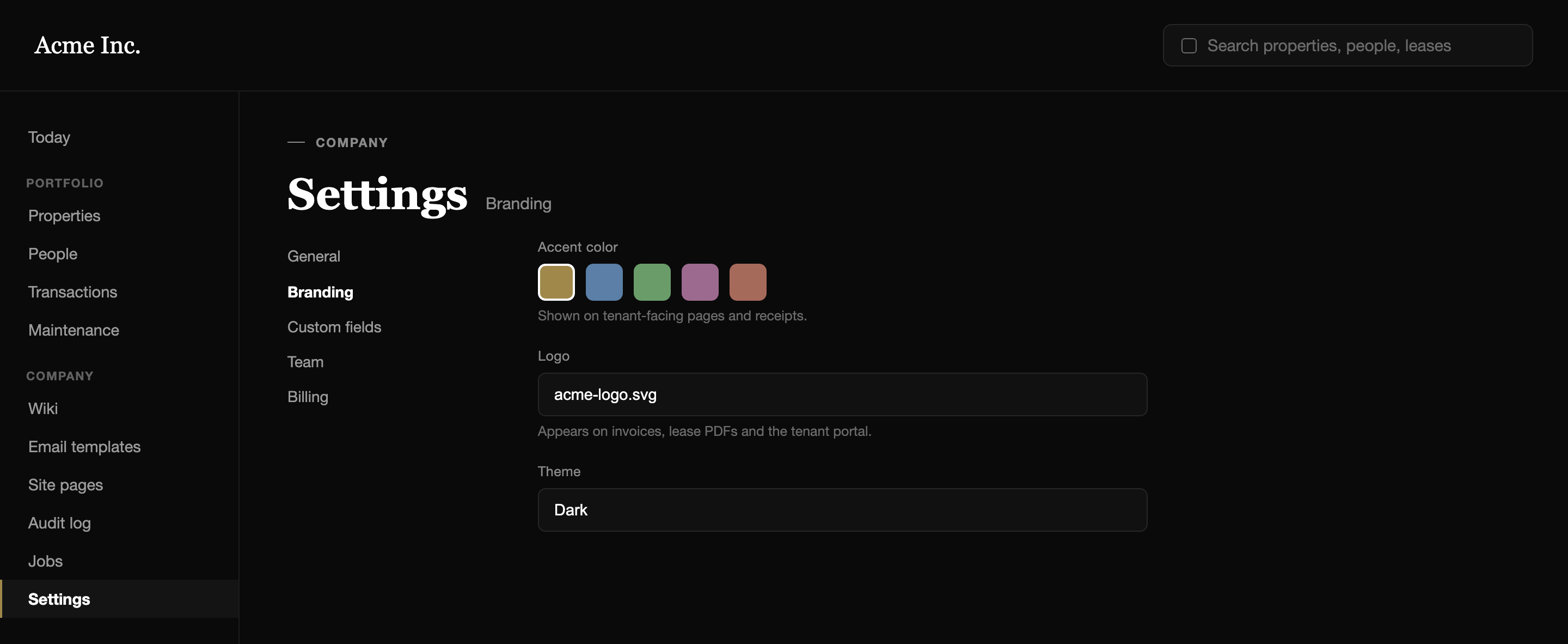 PrivateLets' branding settings screen, showing accent color, logo and theme