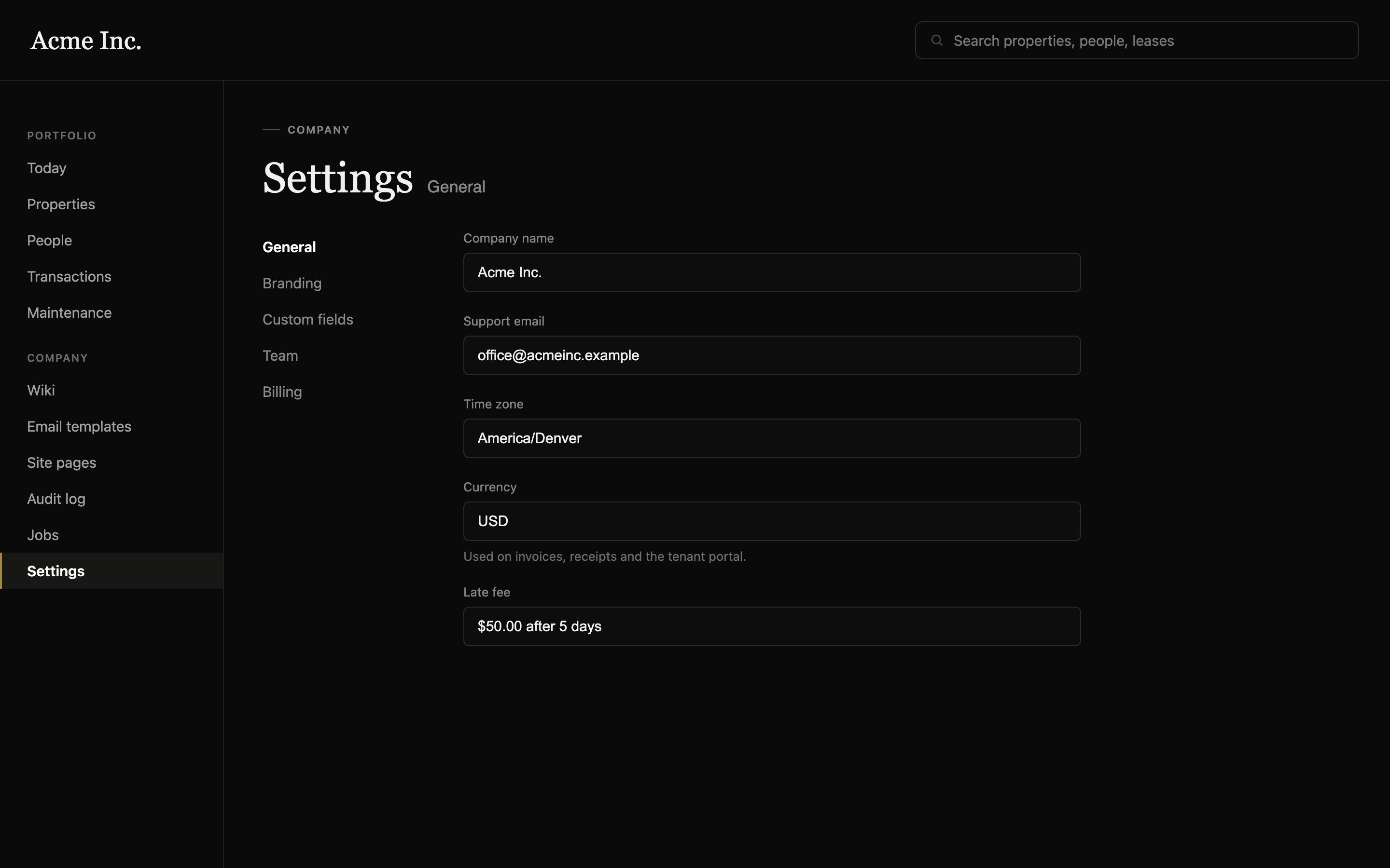 PrivateLets' general settings screen, showing company name, time zone, currency
						and late fee